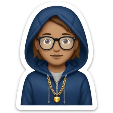 Brown hair with black glasses and a dark blue hoodie that says caylus kingdom with black pants and a gold chain sticker