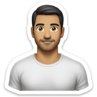 A head and shoulders shot of a 32 year old Hispanic man, with short black hair, with stubble facial hair,   with brown eyes wearing a t-shirt. sticker