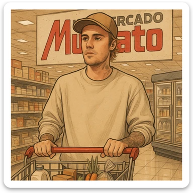 Justin Bieber shopping at Supermarket Muffato, realistic cartoon style sticker