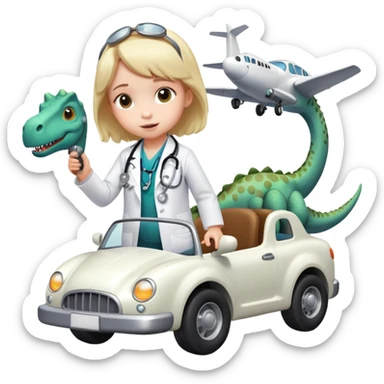 a dinosaur used as an air plane coming out of a black car with a little girl with a white medical doctors coat and a stetoscope around her neck sticker