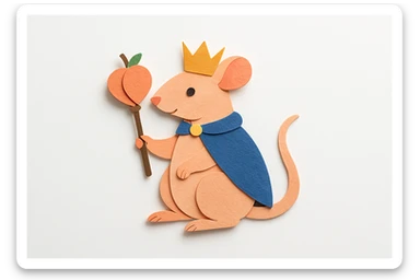 a regal rat with peach-colored fur, holding a scepter shaped like a peach, in a paper craft style sticker