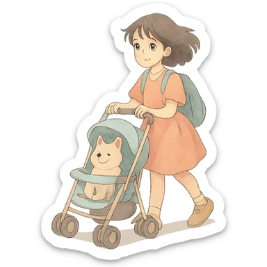 girl walking a dog in a stroller with soft colors sticker