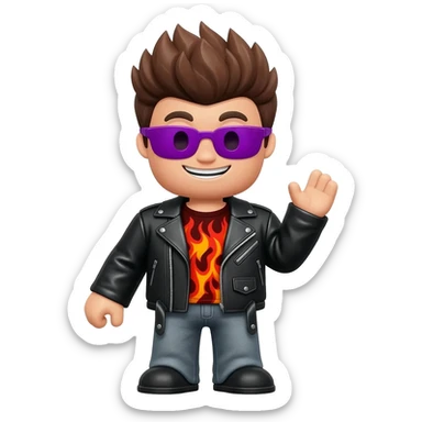 Cool Roblox boy avatar emoji, brown hair, purple sunglasses, smiling face, black leather jacket, red shirt with flame design, gray jeans, confident pose with one hand raised, playful and stylish vibe, 3D cartoon style, bright lighting, cute gaming emoji style sticker
