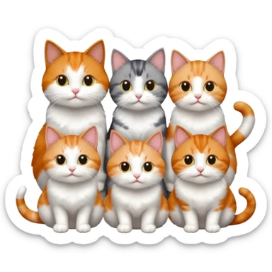 6 cats with different coloured coats, 2 are grey and white, 1 is grey with a little white, 1 calico, 1 brown tabby and white and one ginger and white sticker