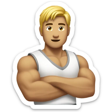 asian personal trainer short golden hair white vest man flexing bicep sticker