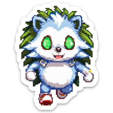 scene of a blue anthropomorphic hedgehog with spiky quills, large green eyes, white gloves, red shoes with white strap and gold buckle, running at high speed in a lush Green Hill Zone with looping hills, checkerboard terrain, golden rings, and motion blur lines, dynamic energetic pose sticker