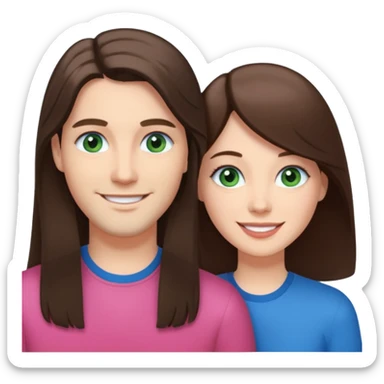 “A pink Polaroid-style photo of a couple: a white woman with long brunette hair and blue eyes, and a white man with short brunette hair and green eyes.” sticker