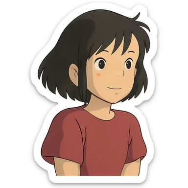a girl with black hair, ghibli-inspired style sticker