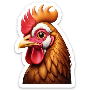Cinematic Noble Brown Rooster Portrait Emoji, Poised and regal, with a robust, commanding build and a rich, well-groomed brown plumage, deep-set soulful warm eyes, Simplified yet sharp and sophisticated features, highly detailed, glowing with a soft, dignified glow, high shine, intelligent and proud, stylized with an air of rustic majesty, focused and attentive, soft glowing outline, capturing the essence of a watchful and confident leader, so majestic it feels as though it could crow out of the screen with effortless authority! sticker