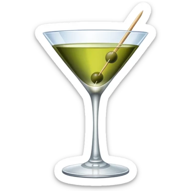 martini glass with clear liquid and an olive at the bottom skewered by a toothpick sticker