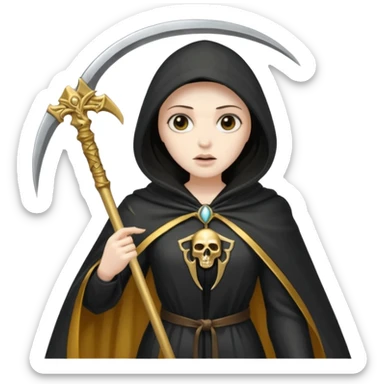 woman grim reaper in a gold cloak with scythe sticker