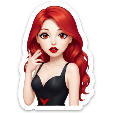 a pretty woman with long red hair and red eyes. The woman wear a black little cutted dress. She have red lipstick and she have a seductive look. She do a kiss sticker