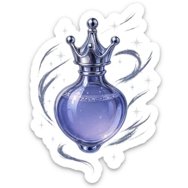 final luxury elixir bottle inspired by the reference crown: crown shape on top, color #7986cb, bottom is smoothly rounded and closed, merging with the crown, the whole bottle looks like it's floating and swirling in the air, prominent silver and iridescent details, extra magical sparkles, very small neck, seamless rounded bottom, floating, transparent background, no base or shadow, modern, luxury collection style, even smaller bottle proportions sticker
