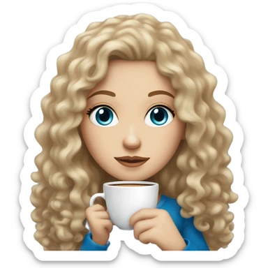 A white girl with darkblonde long curly hair, blue eyes and freckles holding a cup of coffee sticker