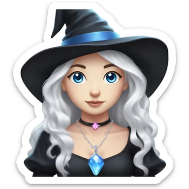 pale young witch wearing a low cut black dress, a pink crystal necklace, and a witch hat, with white hair and bright blue eyes, making prayer hand sticker