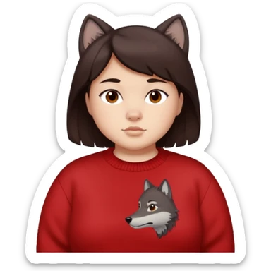 make a girl that has a boyish wolf cut thats right above the shoulders, give her a red sweater that says “ About you, the 1975 “ and make her face just right chubby but slso not too chubby. ( make it a white background and make the hair dark brown and also the eyes dark brown ) sticker