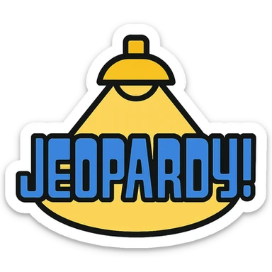Jeopardy logo, stylized text with spotlight effect, blue and gold colors, modern icon style sticker