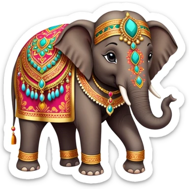 Decorated Indian elephant – Cinematic Realistic Decorated Indian Elephant, depicted as a majestic elephant adorned with vibrant, ornate ceremonial decorations and rich, colorful fabrics, set against a festive Indian backdrop with warm golden lighting that highlights its cultural significance. sticker
