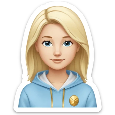 Caucasian female with oval face, light blonde hair with side part, serene smile, light blue sporty hoodie with gold and white fantasy details sticker