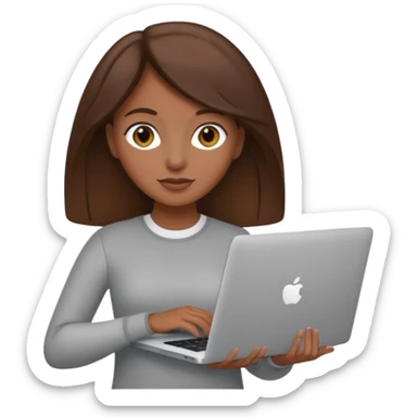 memoji of a brown hair female with a grey laptop in front, apple-style, modern sticker