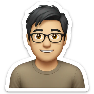 A head and shoulders shot of a 33 year old Asian man, with short black hair,  wearing glasses with brown eyes wearing a t-shirt. sticker