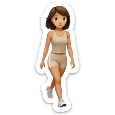 Brunette walking in scenic route in beige gym wear sticker