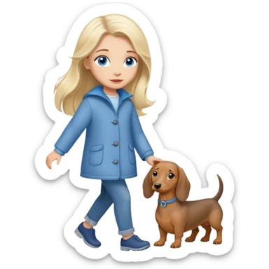 blonde girl with long hair and blue eyes walks with a gray dachshund sticker