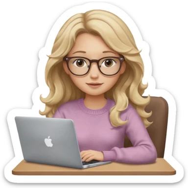 blonde girl with long dark blonde wavy hair, pantos-style glasses, a brown sweater, sitting with a laptop, soft pastel, upper body shot sticker