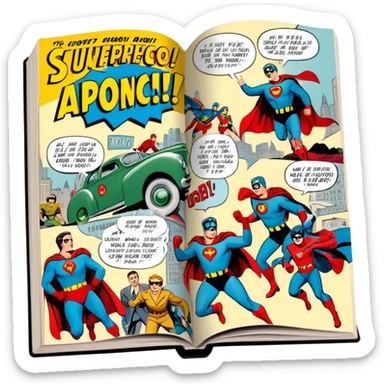 Icon for Vintage American Comics: an open comic magazine with classic 1940s-1950s American comic art, featuring superheroes in bold, bright colors, with action panels and exaggerated speech bubbles. The icon should represent the nostalgic style of vintage comics. Transparent background. sticker