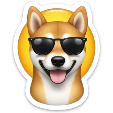 A shiba dog wearing black sun glasses with black lenses and smiling sticker