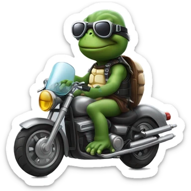 A cartton turttle on a motorbike with a jet helmet and glases, making a V eith the hand sticker