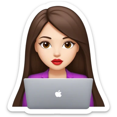 Glamour, with plump lips, beautiful sexy girl, with long straight brunette hair, with laptop sticker