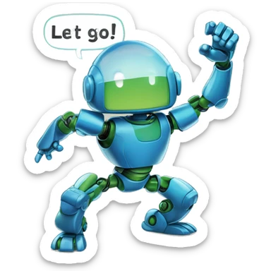 A comic panel with the  blue and green robot rabbit in a dynamic pose, speech bubble saying something empowering like "Let's Go!" or "Power Up! sticker