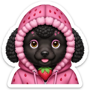 A black poodle puppy with a strawberry hood sticker