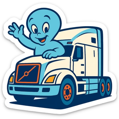 Make Casper the ghost much larger compared to the white semi truck in vibrant toon style, keep transparent background. sticker