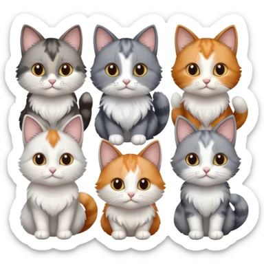 6 realistic looking cats with different natural coloured coats, assorted grey and white, greys, calico, brown and white colours etc
 sticker