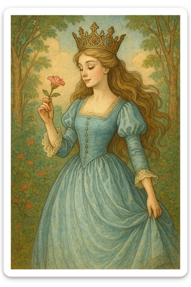 classic fairytale illustration of a princess with a baby blue dress, ornate crown, holding a flower sticker