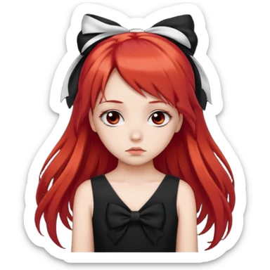 red long twin tail hair girl with black bow on her hair wearing black dress with a sad face sticker
