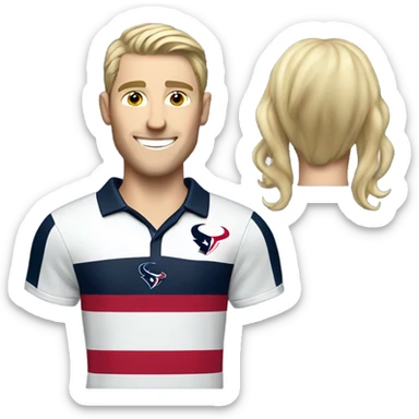 Skinny Caucasian male blonde combed over hair smiling wearing a Houston Texans polo sticker