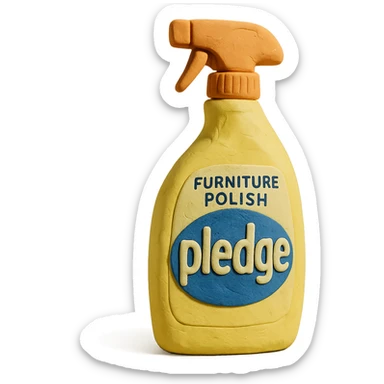 claymation style bottle of furniture polish inspired by Pledge, yellow and blue label, pastel colors, visible fingerprints, soft matte finish sticker