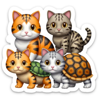 Four cats including one white, one gray, one multicolored striped, one tortoise shell colored sticker