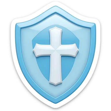 A cute 3D render icon of a protective shield. Rounded edges, plump, glossy plastic material. Sky blue and white color palette. A subtle, soft white cross or heart symbol embossed in the center. Clean studio lighting, soft shadows. Isolated on a light pastel background. Minimalist design. sticker