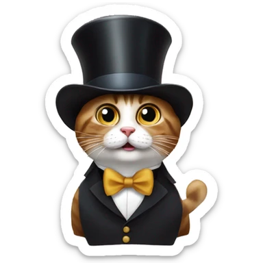 A surprised cat with a mustache and a top hat, a cup tea with big surprised eyes, an Englishman  sticker