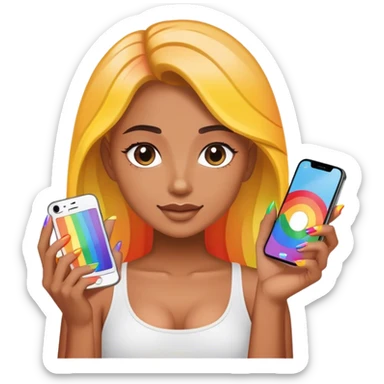 A person holding a phone with rainbow nails sticker