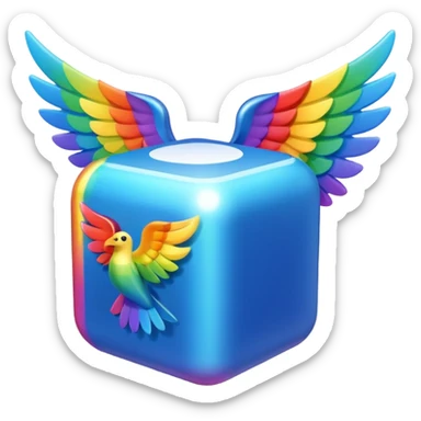 Blue cube with wings and has a rainbow ? sticker