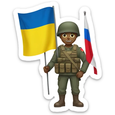 a soldier who holds the Russian flag in one hand and the Ukrainian flag in the other hand sticker
