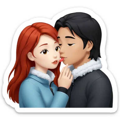 long black haired asian guy kissing redhead girl in snow sticker