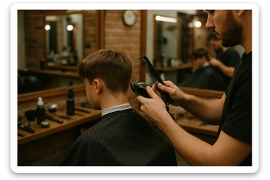 Sartaroshxonada soch olayotgan o'mirin yoshli bola yuzi ko'rinmasin sticker