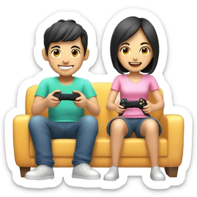 Cute Asian Couple sitting together and having fun playing video games sticker