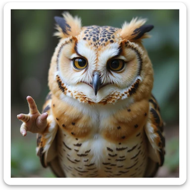 lifelike owl with soft brown and white feathers, smiling gently and making the saranghae sign, natural background, realistic and detailed sticker